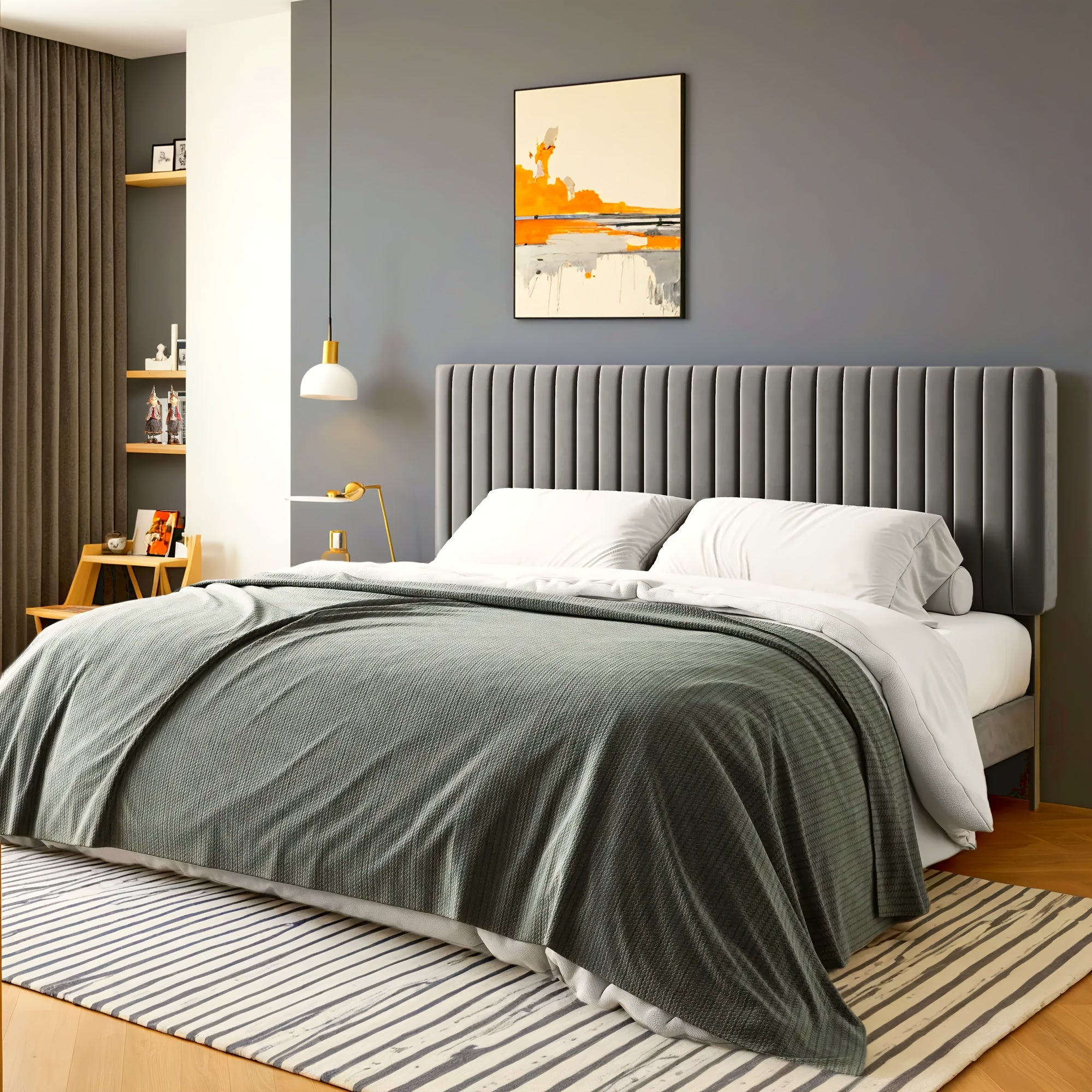 Modern Velvet Upholstered Bed Frame with Adjustable Headboard