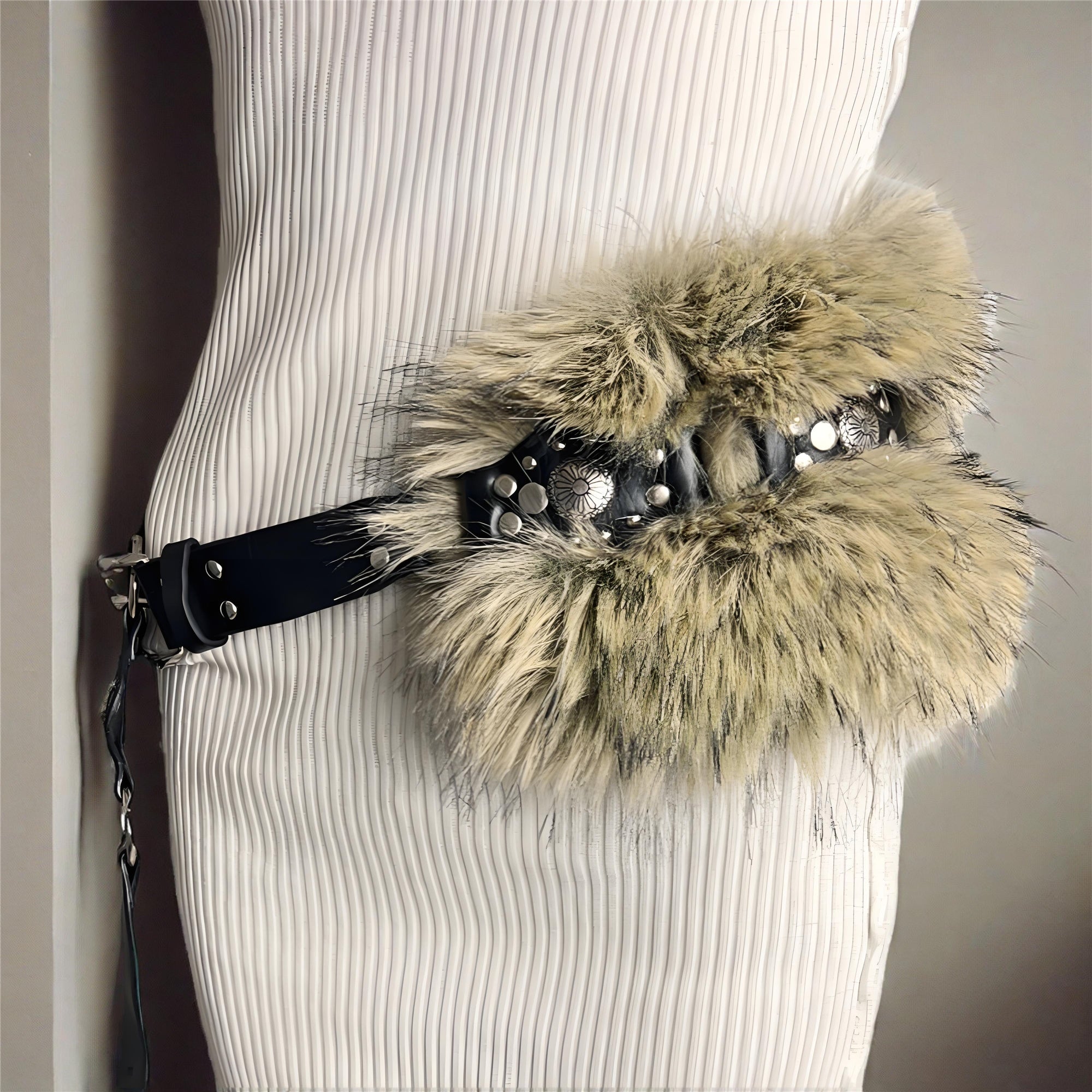 Faux Fur Leather Belt with Pin Buckle & Rivet Accent