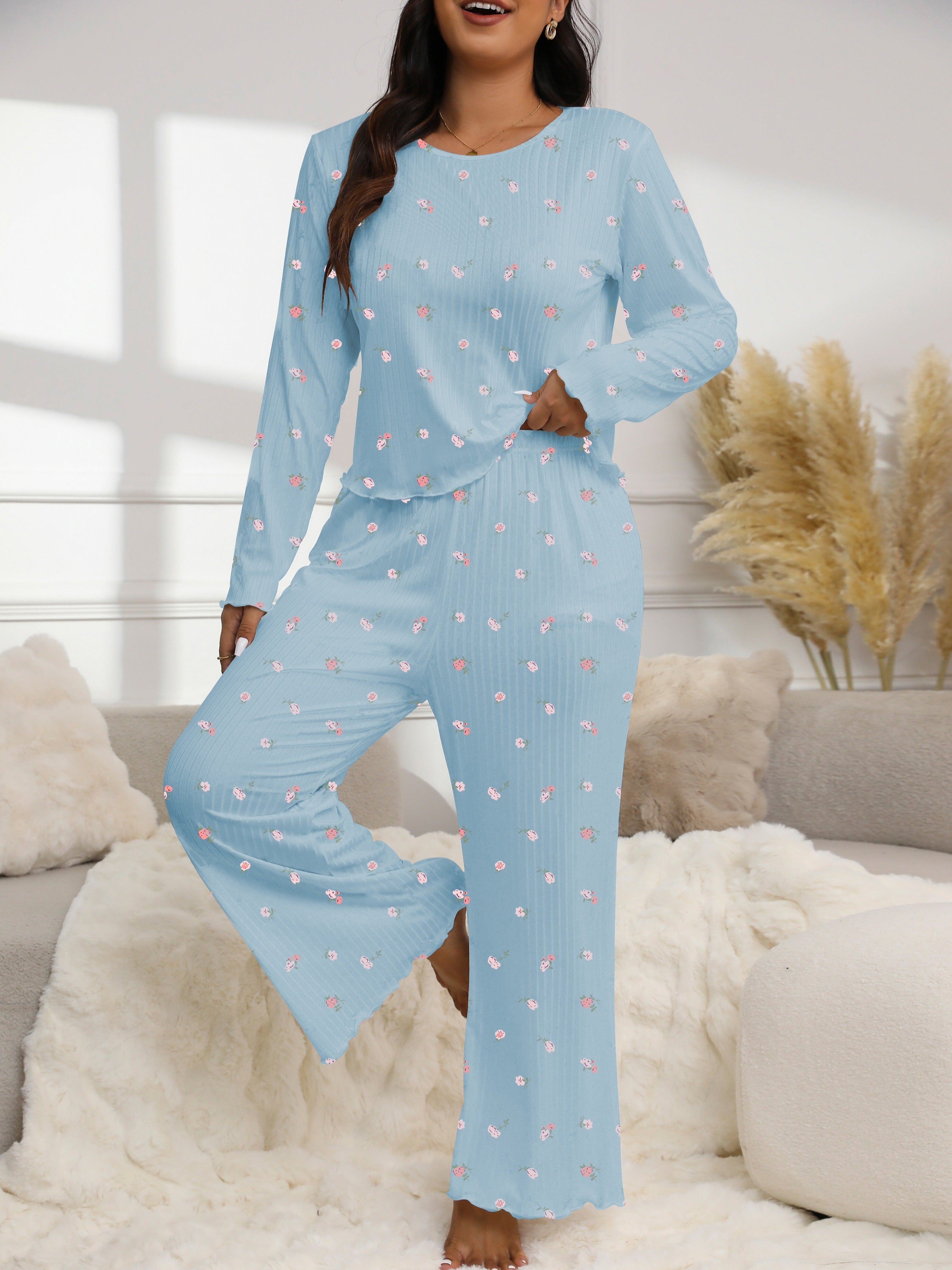 Floral Print Textured Fabric Long Sleeve Pantsuit for Autumn and Winter