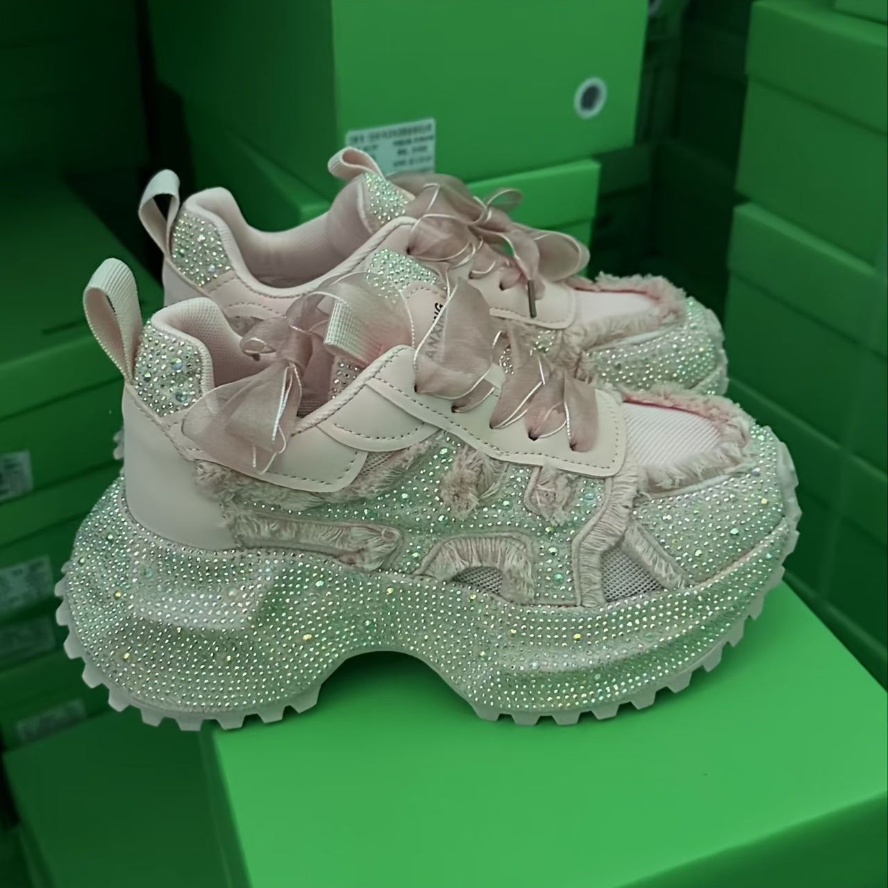 Rhinestone-Embellished Sneakers with Thick Platform Sole