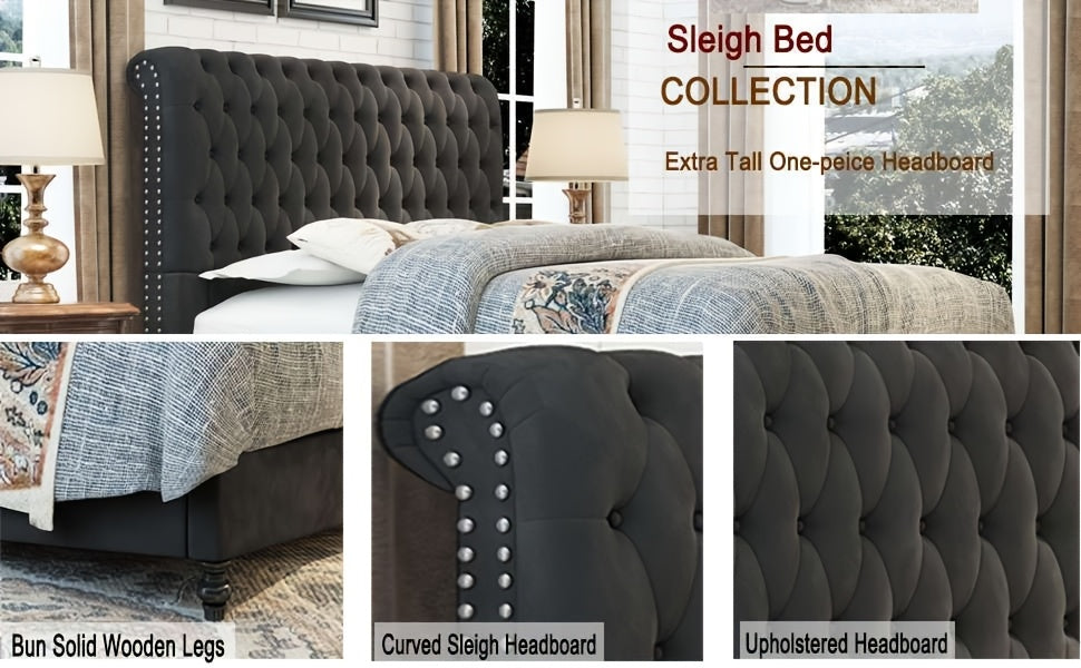 Velvet Bed Frame with Button Tufted 52.8" Tall Sleigh Headboard
