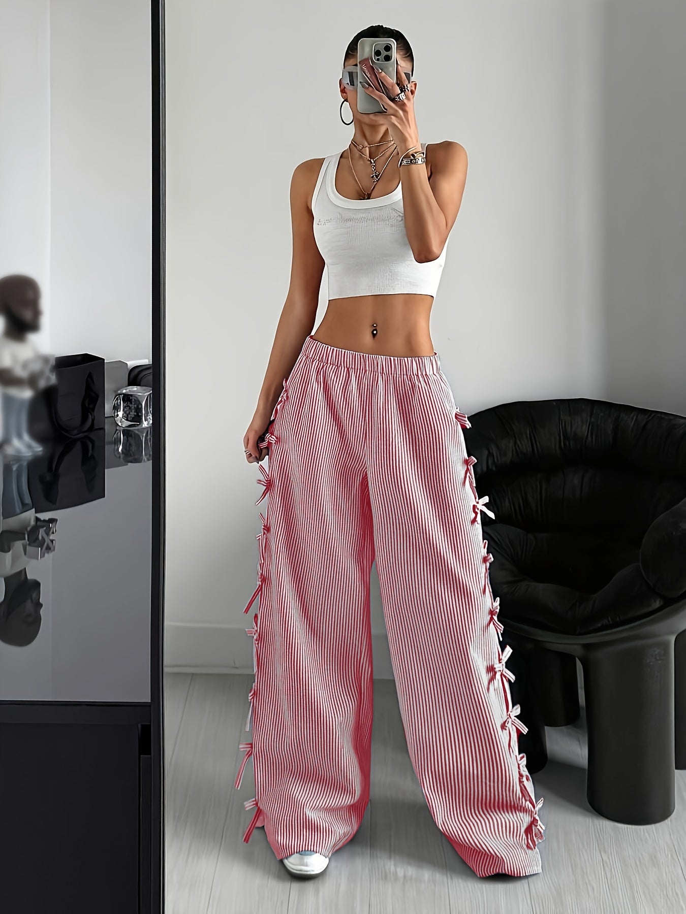 Pink & White Horizontal Striped Wide-Leg Bell-Bottom Pants with Ruffled Hem & Bow Tie Waist