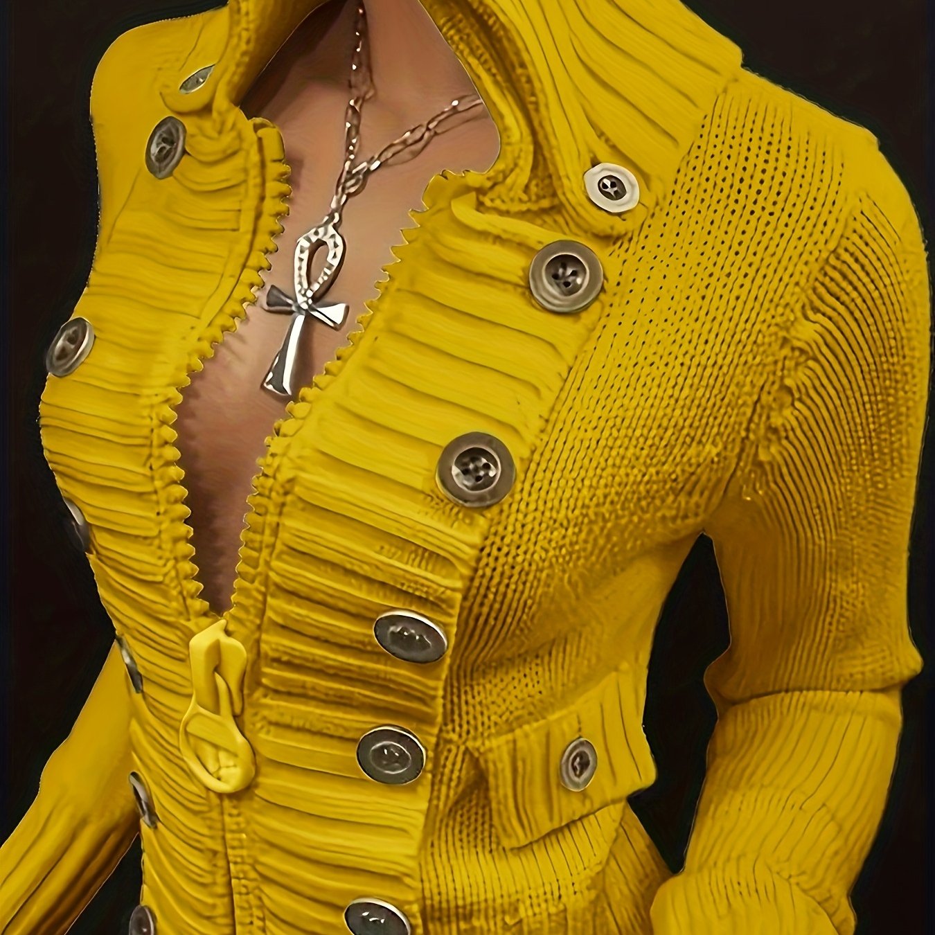 Women's Black Cardigan - Slim-Fit Sweater with Front Zipper & Golden Buttons, Elegant Stand-Up Collar for Formal/Casual Outfits - All-Season Chic Jacket, Versatile Layering, Modern Knitwear, Premium Finish, Fashionforward Wom