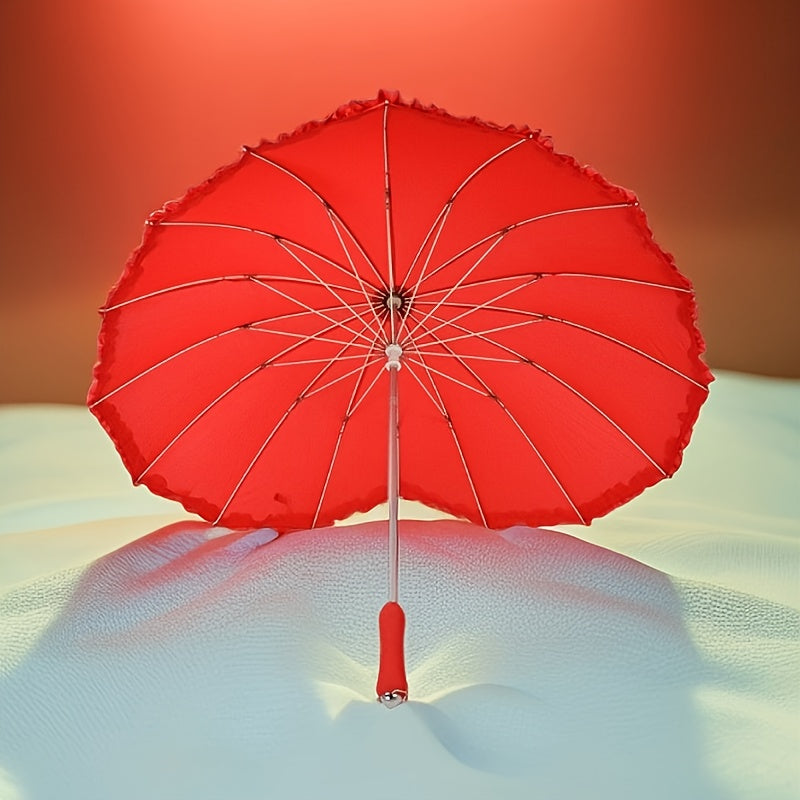 1pc Heart-Shaped Red Lace Umbrella with Floral Design - 16-Rib Manual Open/Close, Durable Plastic & Aluminum Alloy Frame, for Women, Perfect for Beach, Beach Umbrella
