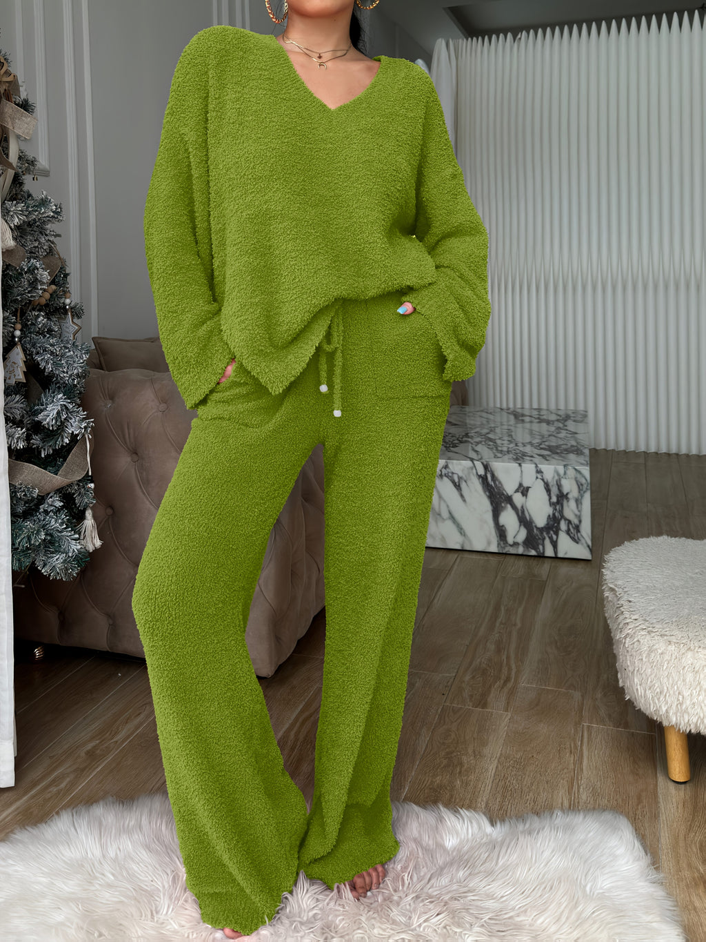 Solid Color V-Neck Short Front Long Back Soft Fleece Pajama Set