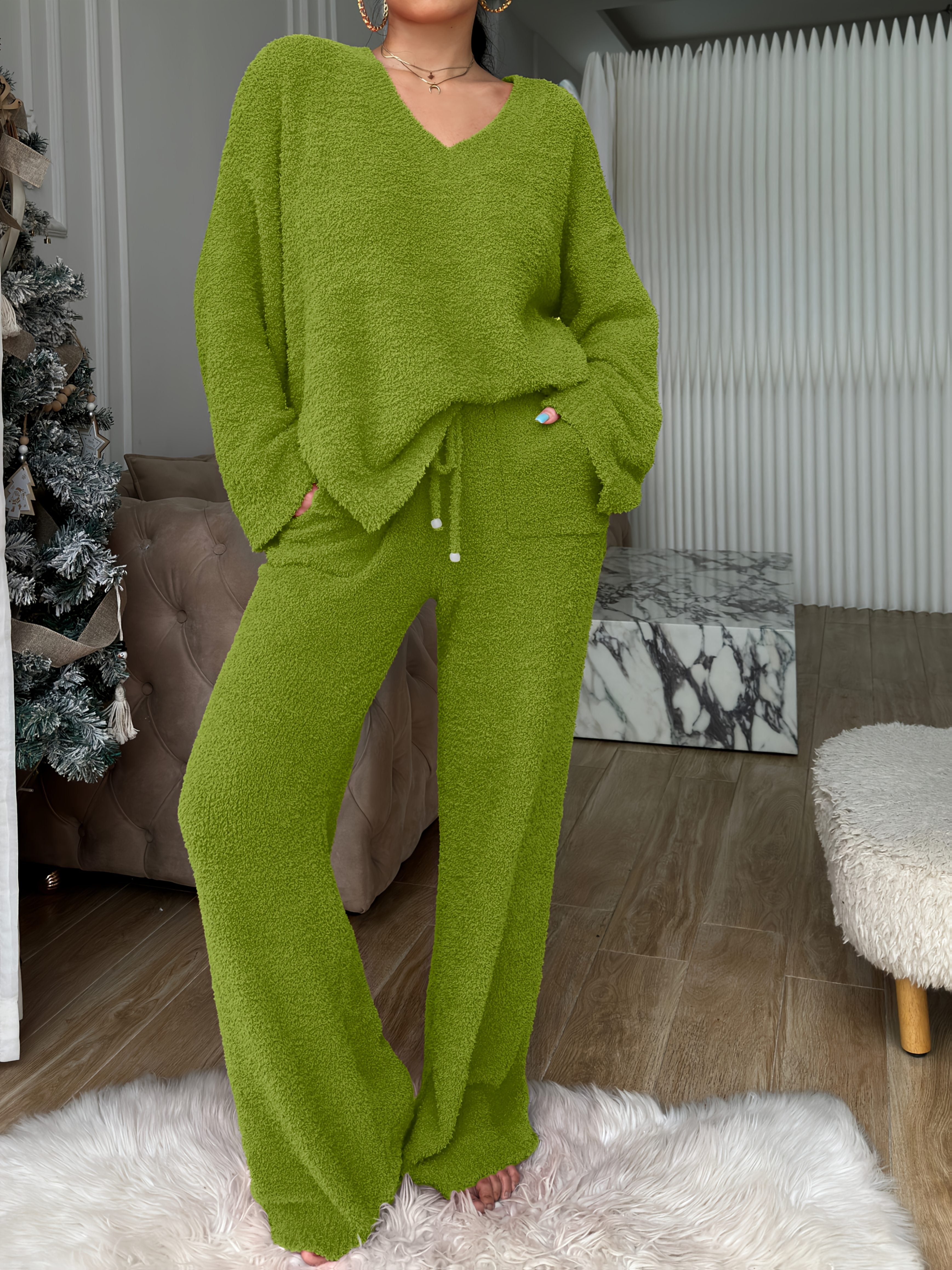 Solid Color V-Neck Short Front Long Back Soft Fleece Pajama Set