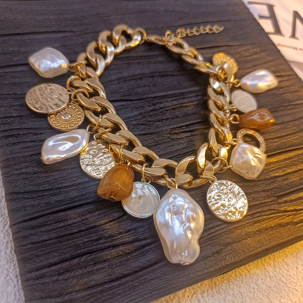 Charm Bracelet with Faux Baroque Pearls, Alloy Chain, and Rhinestone Detailing