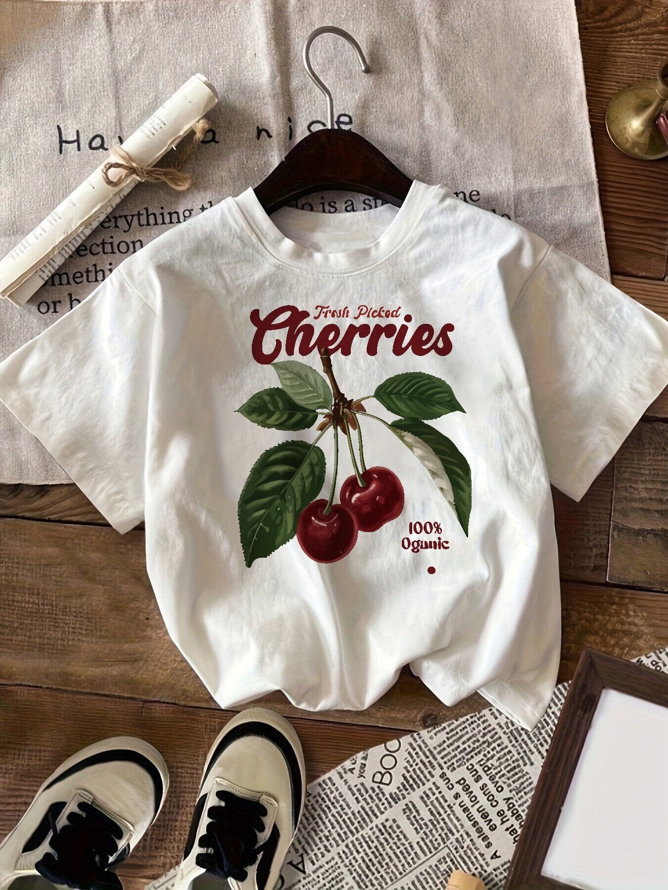 Stylish Letter Cherry Print Tee