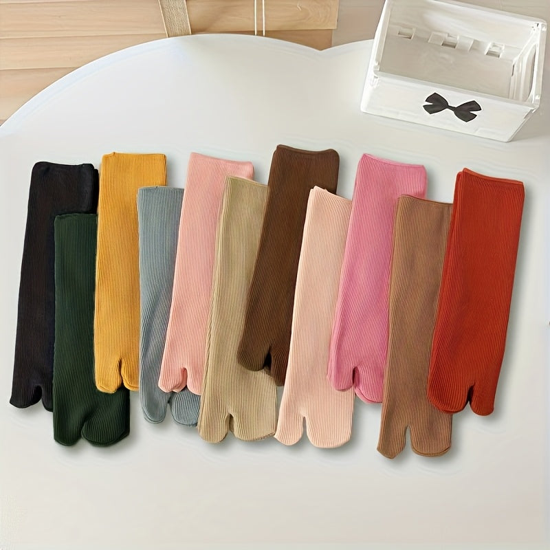 11 Pairs Women's Split-Toe Mid-Calf Socks with Thumb & Two-Toe Design - Warm Winter Thermal Crew Socks, Vibrant Solid Color, Machine Washable for Casual & Formal Outfits, Stylish Cold Feet, Slouchy Sock Style