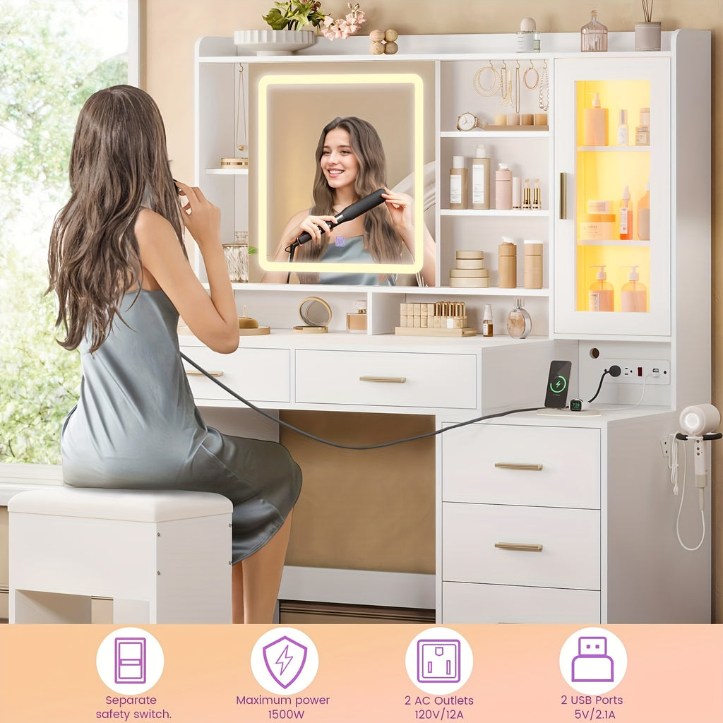 Makeup Vanity With Sliding LED Lighted Mirror And Charging Station