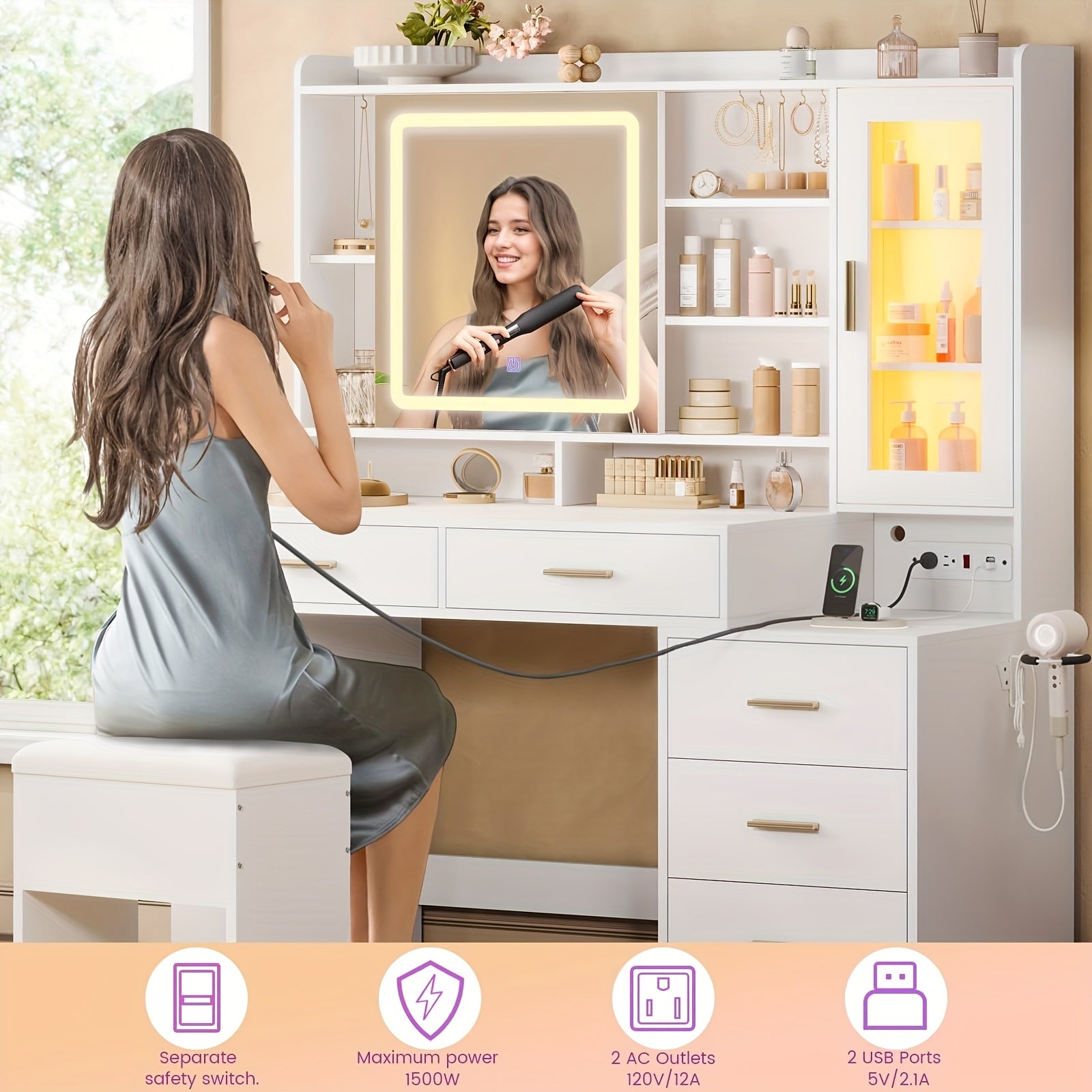 Makeup Vanity With Sliding LED Lighted Mirror And Charging Station