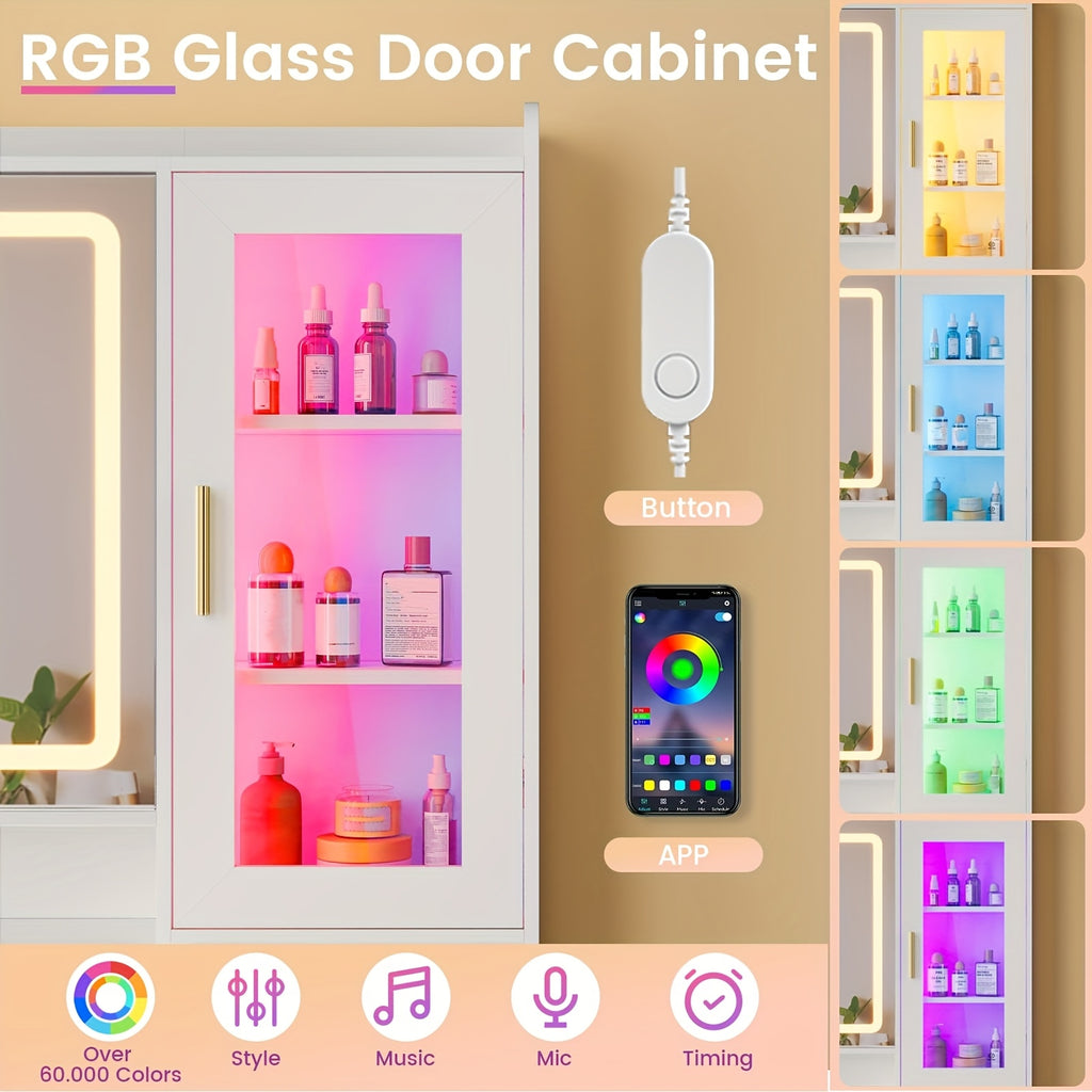 Makeup Vanity With Sliding LED Lighted Mirror And Charging Station