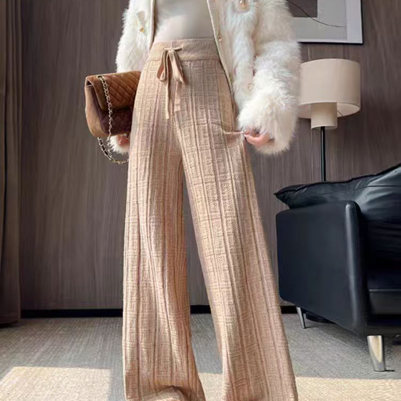 Women'S High-Waisted Wide-Leg Trousers - Elegant Solid Black/Color with Drawstring Waist & Belt, Structured Jacquard Fabric, Loose-Fit Straight-Leg Design for Resortwear, Casual to Formal Events - Spring/Fall Trousers (2025 C