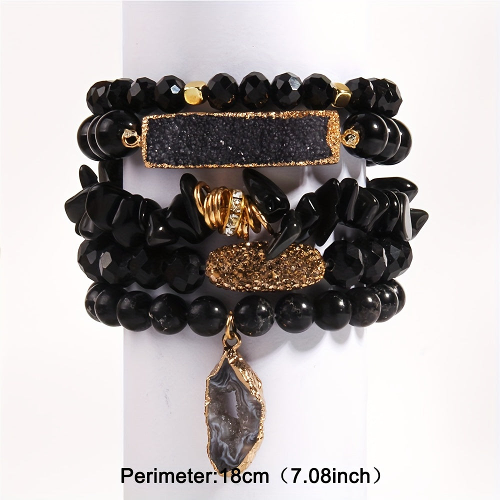 5pcs Boho Beaded Bracelet Set, Stackable Multi-Layer Handmade Stretch Bracelets, Bohemian Elegant Style Suitable For Women Stackable