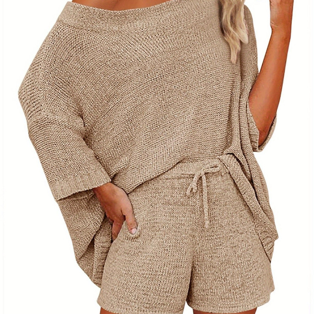 Women's 2pcs Outfits Sweater Sets Off Shoulder Knit Top Shorts Matching Suits Cute Pajama Lounge Set