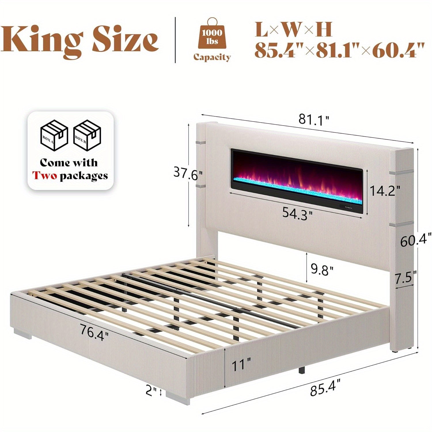 Contemporary Wingback Bed Frame with Integrated Fireplace