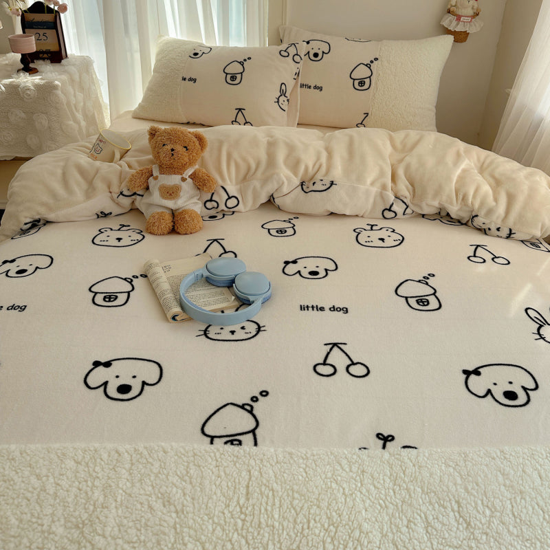 {3/4pcs} Cartoon Lambskin + Milk Velvet Set
