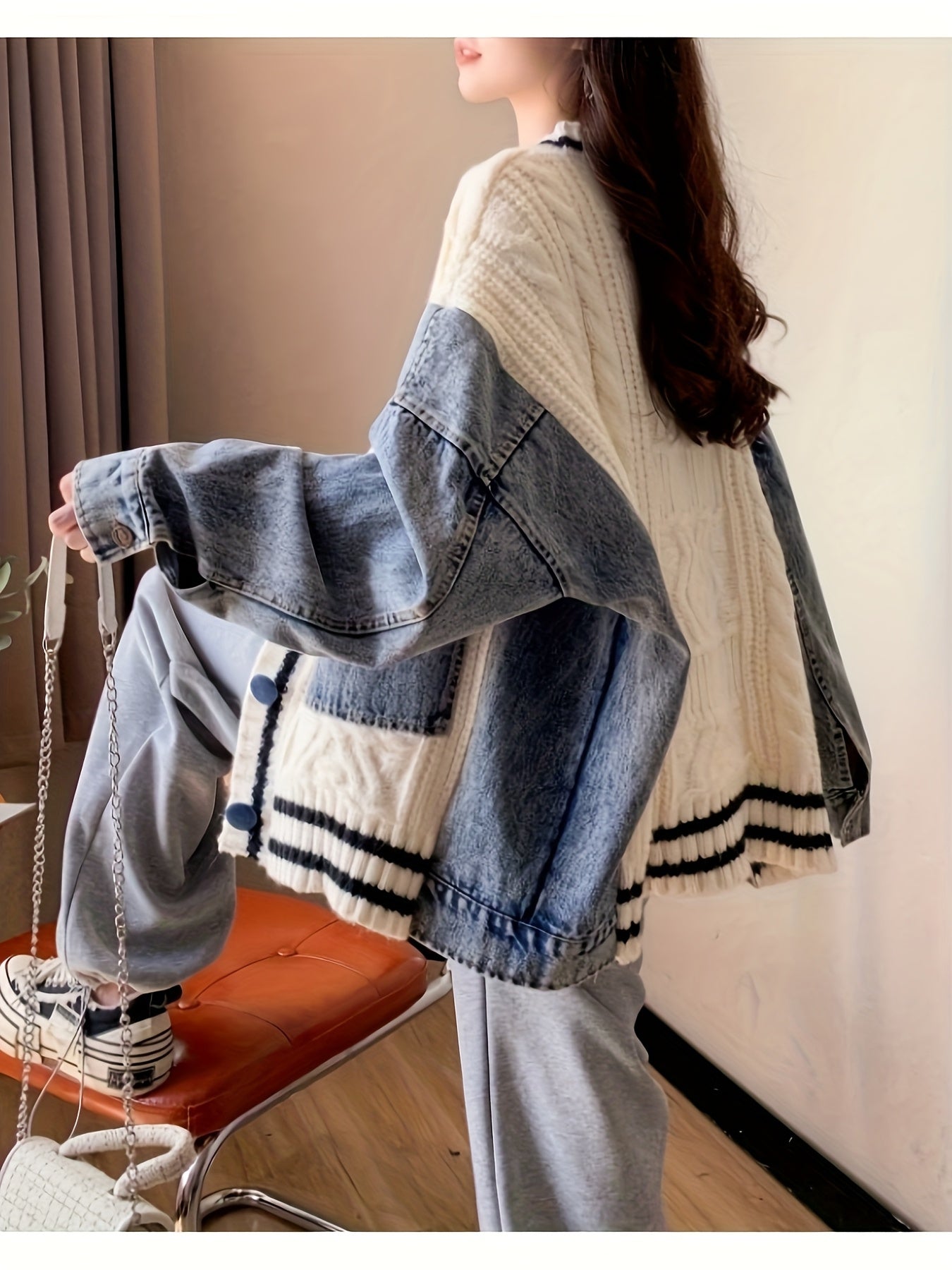 Oversized Light Gray & Blue Contrast Batwing Cardigan