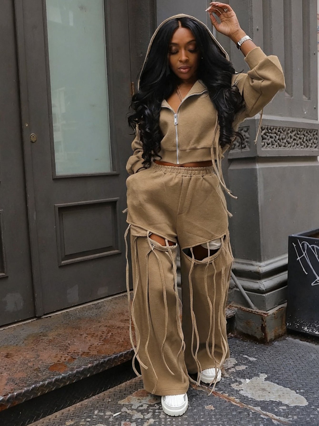 Hooded Zipper Sweatshirt Wide-Leg Hole Two-Piece Suit