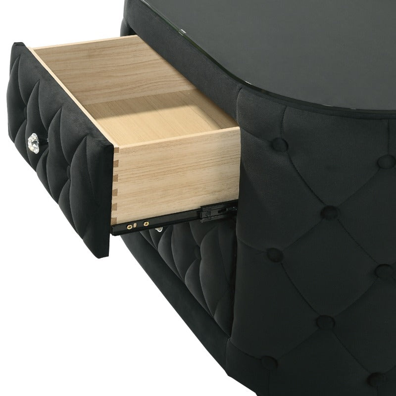 1pc Luxurious Oval Nightstand with Plush Upholstery, 8mm Tempered Glass Top & Two Storage Drawers - Elegant Black Finish, Rounded Sides & Sparkling Knobs - Modern Bedside Furniture with Tufted-Like Headboard Design, No Assemb