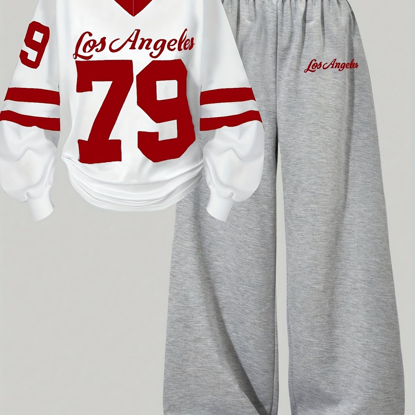 [2pcs} Digital Print Versatile V-Neck Top and Simple Wide-Leg Pants Set