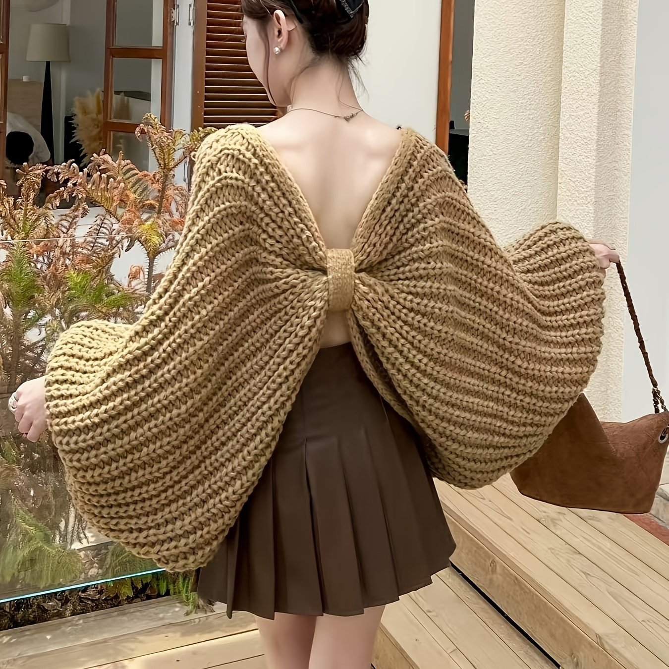 Women'S Vintage-Inspired Oversized V-Neck Sweater with Large Bow & Chest Knot - & Brown Color Block, Short Length, Spring/Fall Layering Piece for Casual & Formal, Spring Fall Layering, Classic Knitwear, Soft Texture