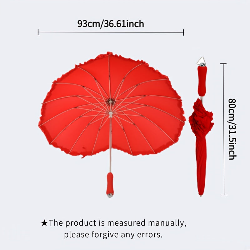 1pc Heart-Shaped Red Lace Umbrella with Floral Design - 16-Rib Manual Open/Close, Durable Plastic & Aluminum Alloy Frame, for Women, Perfect for Beach, Beach Umbrella