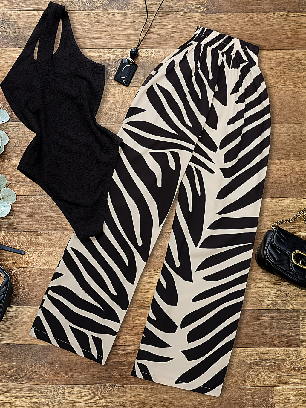 Women's 2pcs Sleeveless Off-Shoulder High-Waisted Set - Black & White Geometric Zebra Stripe Wide-Leg Pants & Top, Non-Stretch Summer Outfit for Beach, Casual Semi-Formal Wear, 2pcs Outfit Set (No Accessories Included)