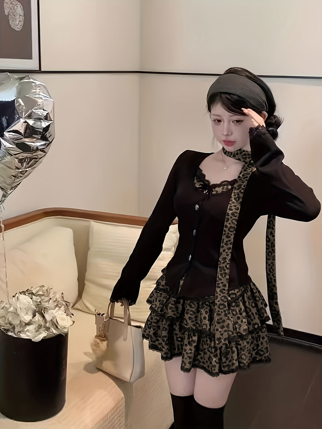 Leopard Print - Two-Piece Set: Crop Top + High-Waisted Flared Skirt - Sexy Mini Dress with Faux Two-Tone Design