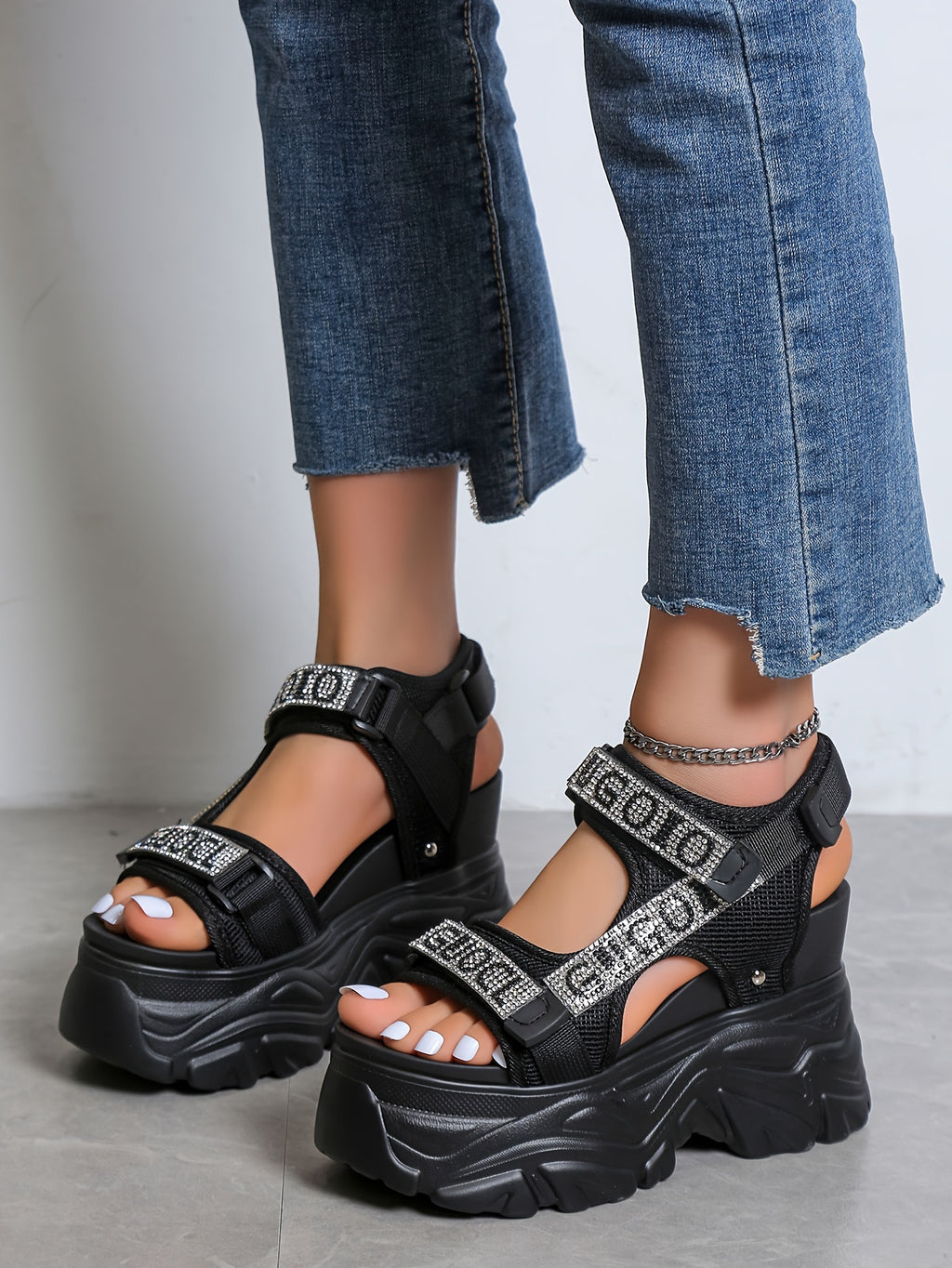 Women's Rhinestone Platform Sandals - Black Open Toe High Heel, Breathable Mesh Upper & PU Sole, Fashionable Summer Shoes with Closure for Casual or Party Wear, Casual Footwear | Rhinestone Embellishments, High Heel Sandals