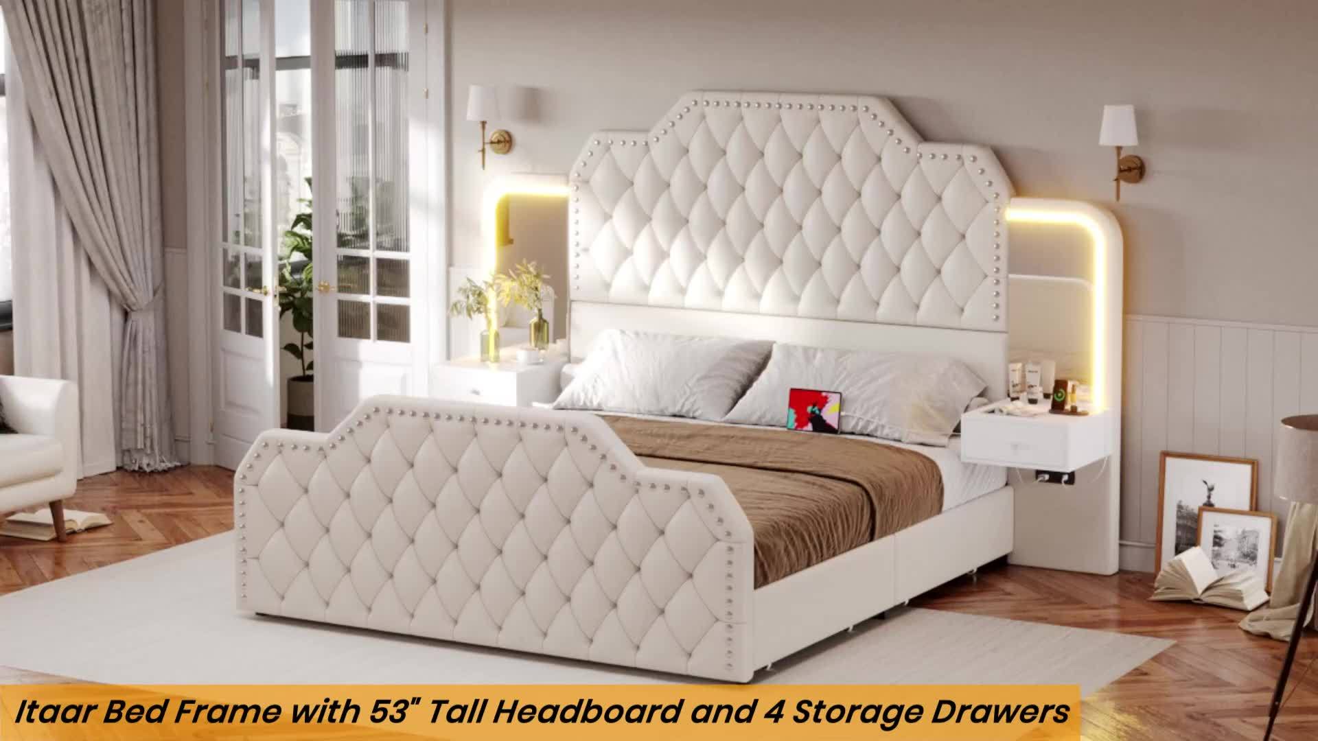 Queen Size Bed Frame with 4 Storage Drawers and LED Lights