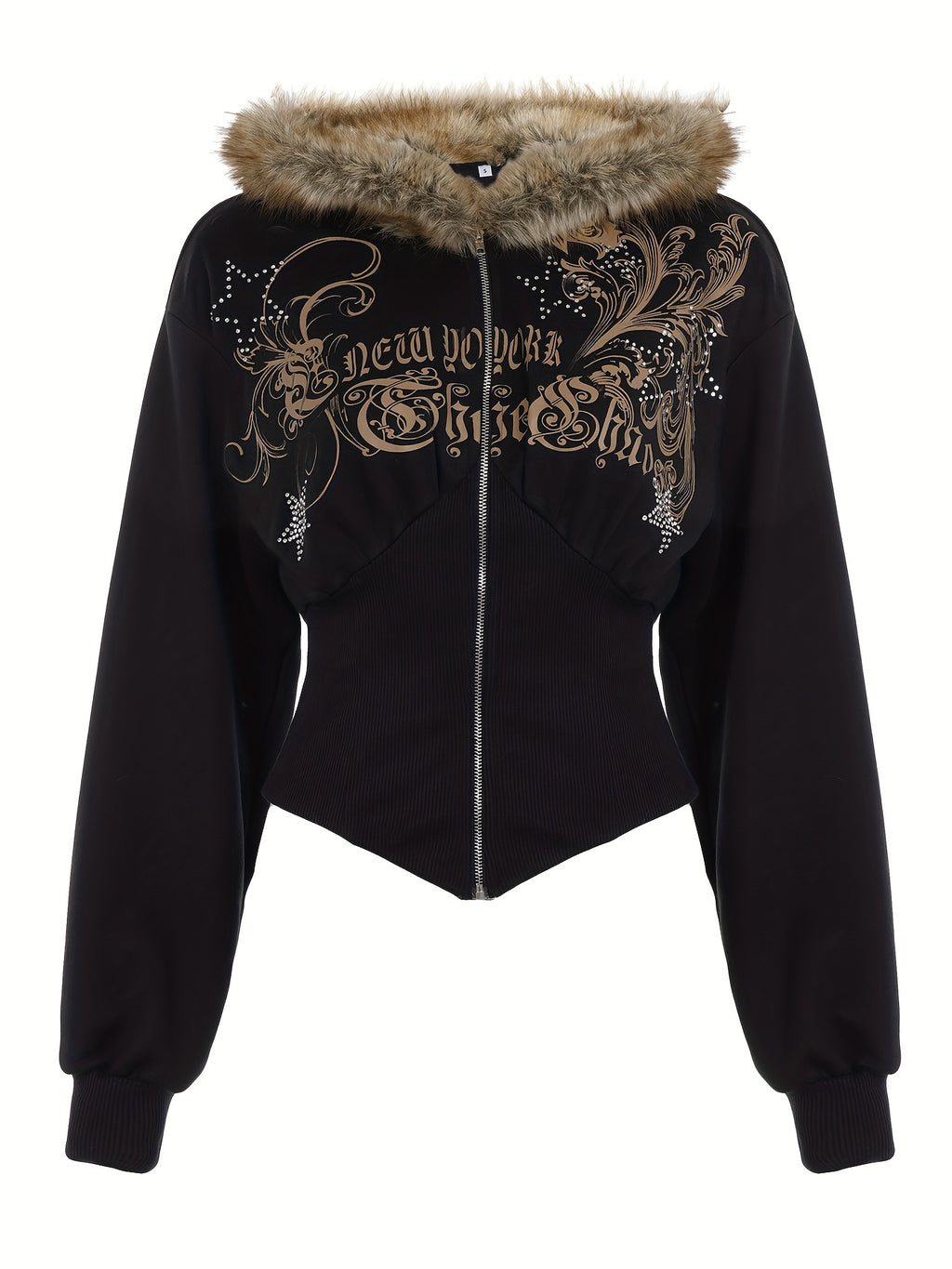 Y2K Print Waist-Cinching Hooded Jacket with Faux Fur Collar and Zipper for Autumn/Winter
