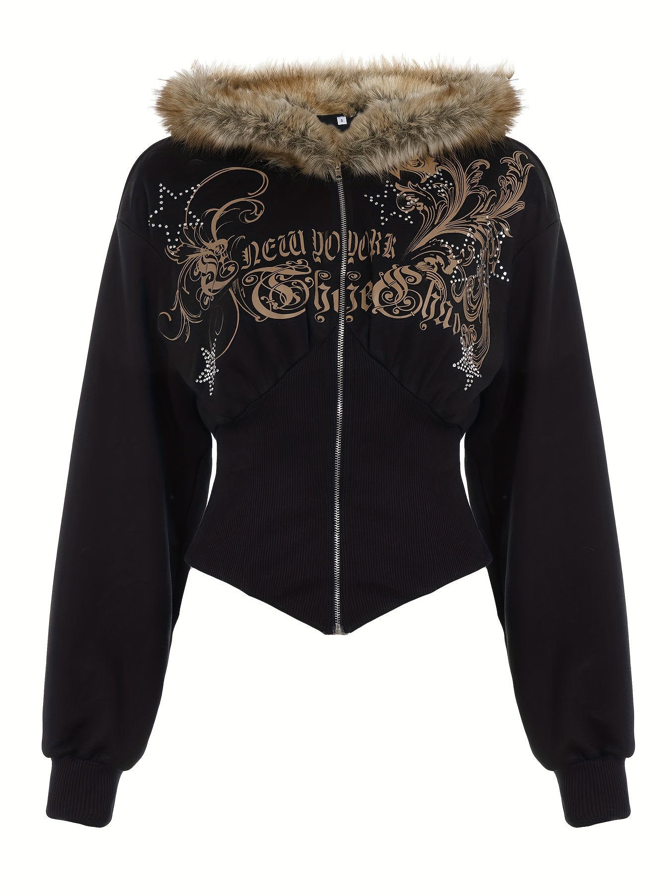Y2K Print Waist-Cinching Hooded Jacket with Faux Fur Collar and Zipper for Autumn/Winter