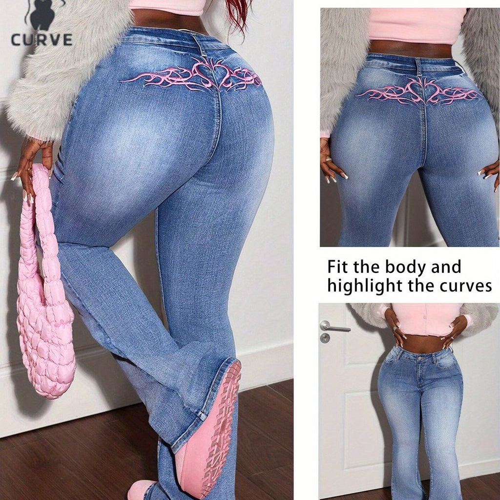 Stretch Flared Jeans with Pink Embroidery