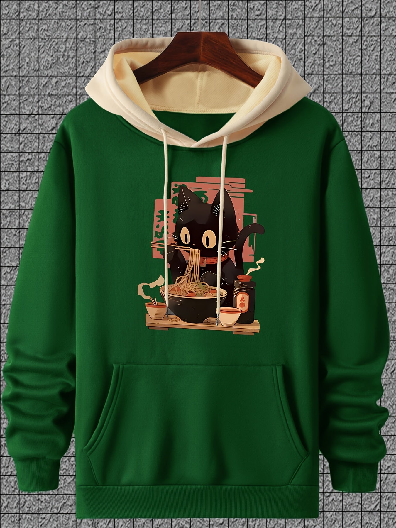 Casual Polyester Hoodie with Black Cat Eating Ramen Print