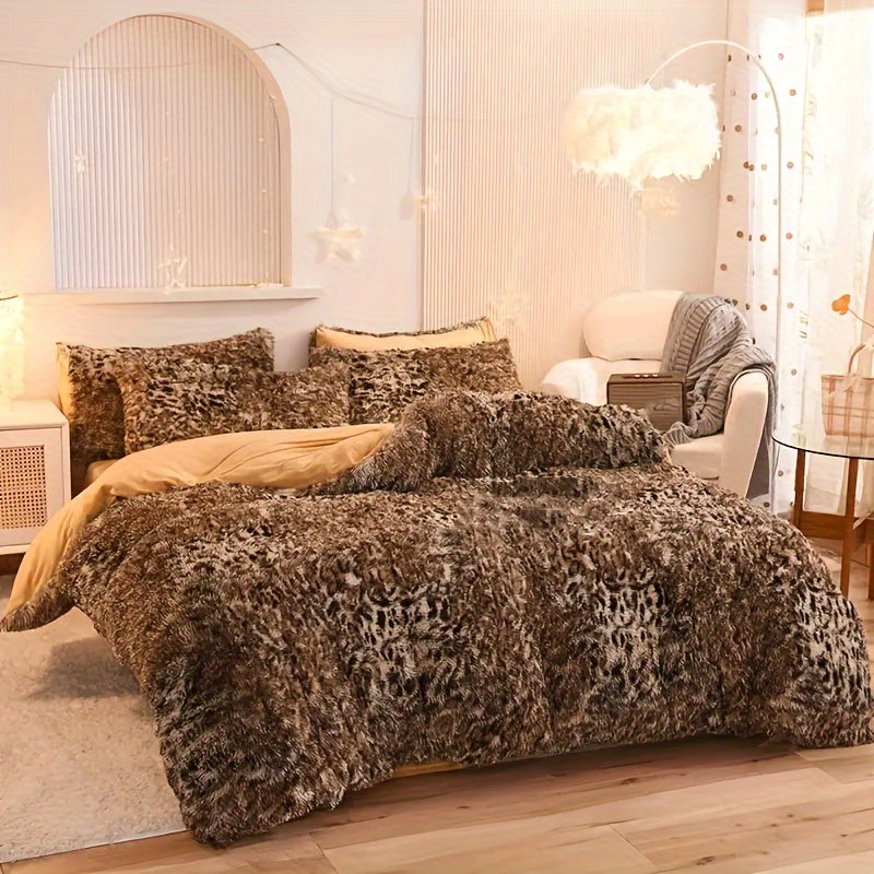 {3pcs} Leopard Print Plush Duvet Cover Set, Includes 1 Faux Fur Duvet Cover And 2 Pillowcases