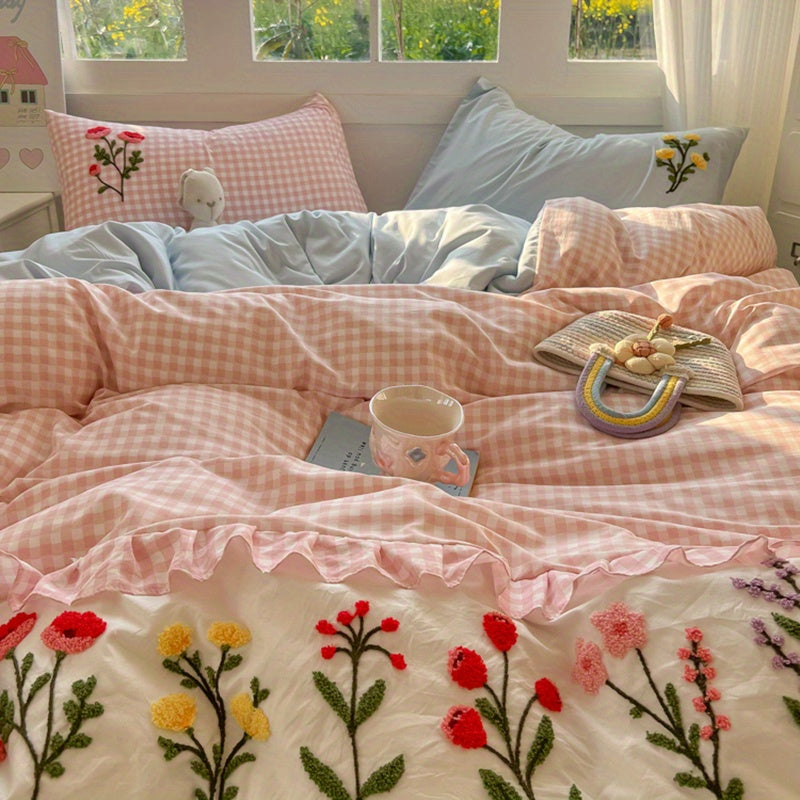 Pink Checkered + 3D Floral Embroidery Duvet Cover Set (1 Duvet Cover + 2 Pillowcases)