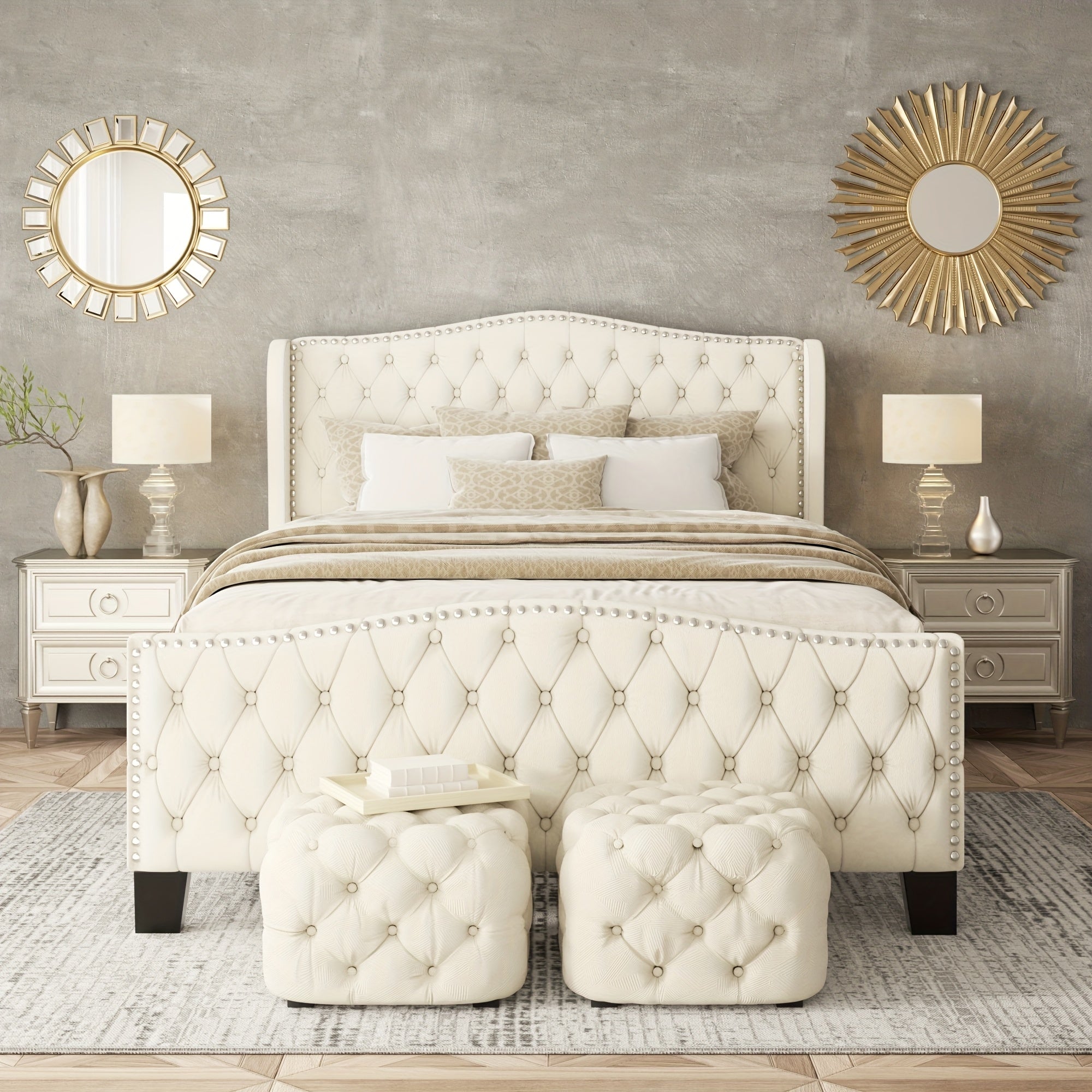 Queen Tufted Velvet Bed Frame with Wingback Headboard & Nailhead Trim
