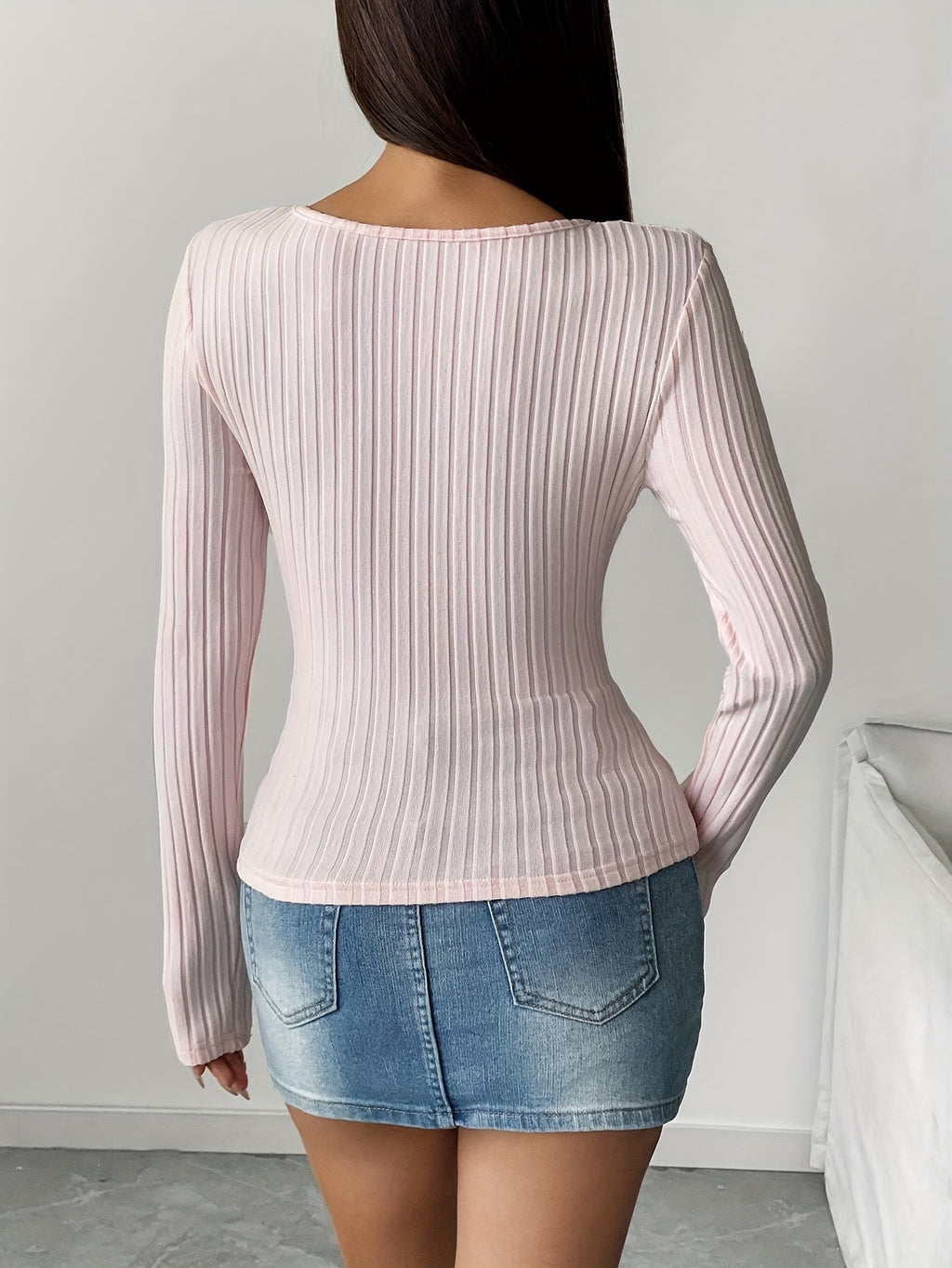 Women'S Elegant V-Neck Long Sleeve Button-Up Casual T-Shirt - Soft Pink Ribbed Texture, Round Neck, Machine Washable, Perfect for Casual Attire, Ladies T Shirts