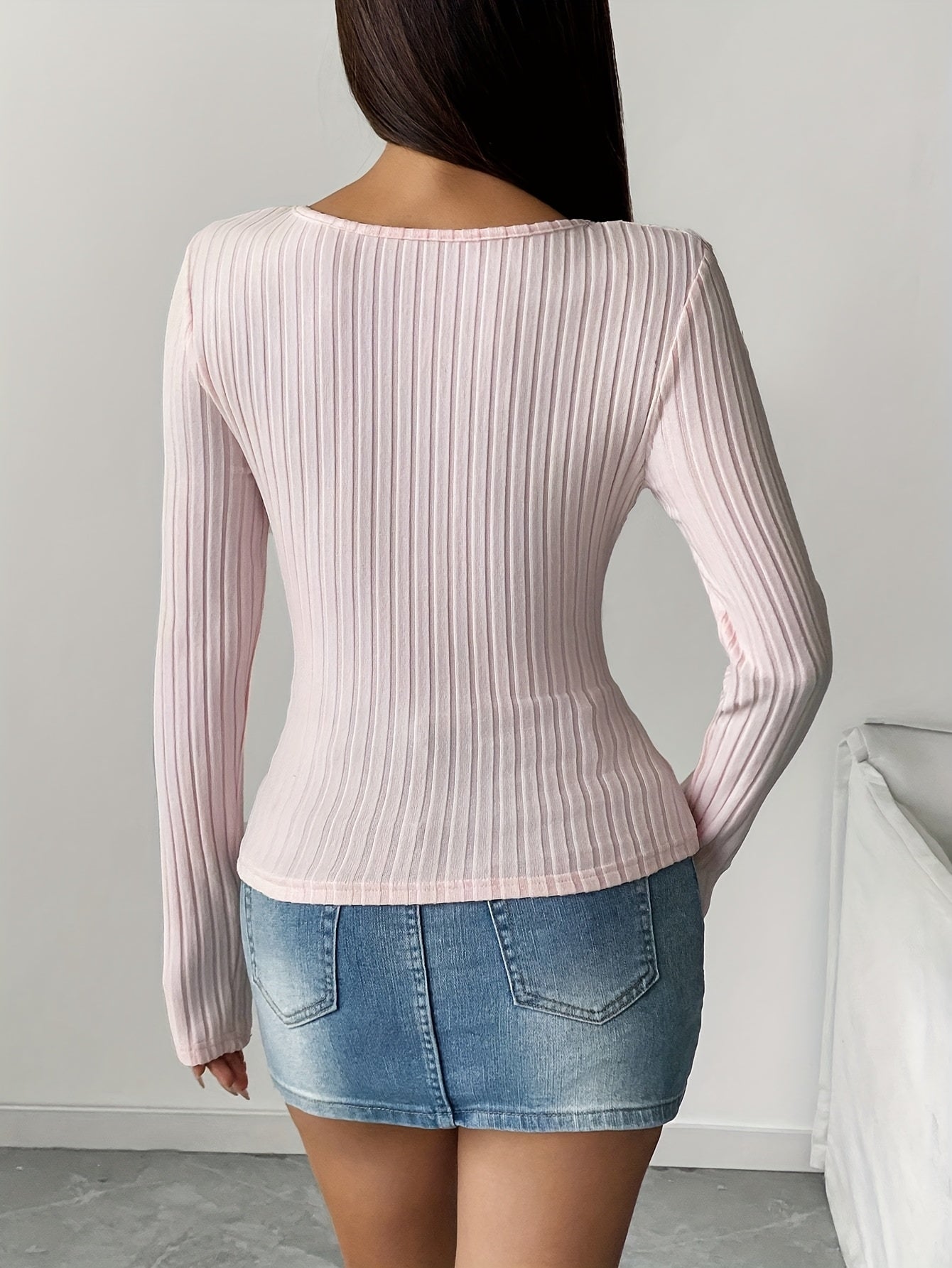 Women'S Elegant V-Neck Long Sleeve Button-Up Casual T-Shirt - Soft Pink Ribbed Texture, Round Neck, Machine Washable, Perfect for Casual Attire, Ladies T Shirts