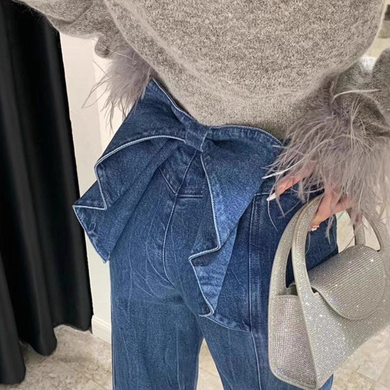 High-Waisted Wide-Leg Distressed Bow-Accent Denim Jeans