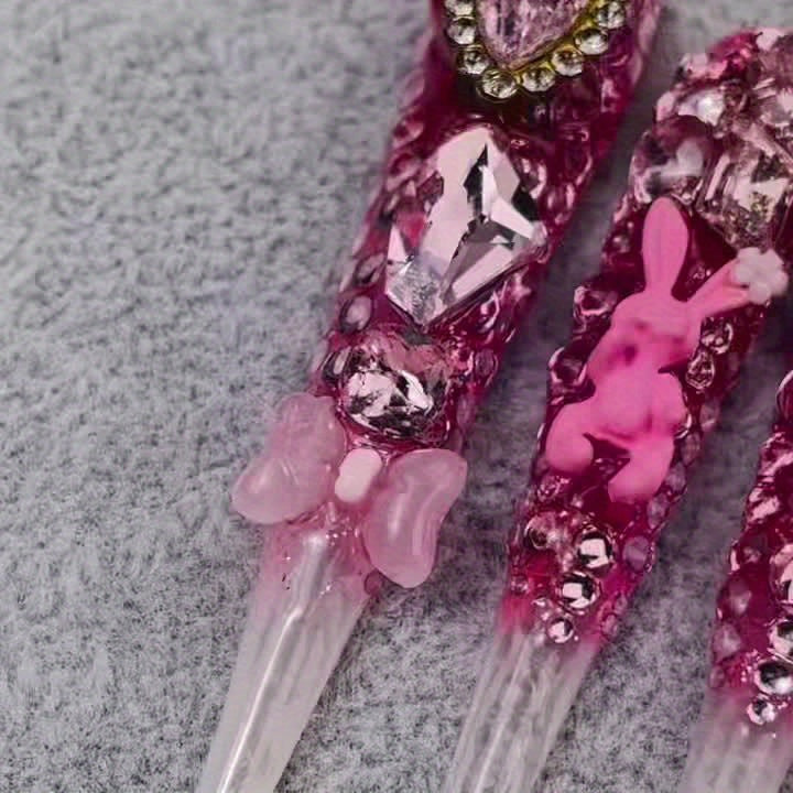 10pcs Handmade Magnetic Press-On Nails with Floating, Rhinestones & Heart/Clover/Bow/Pink Bow & Rabbit Cutouts