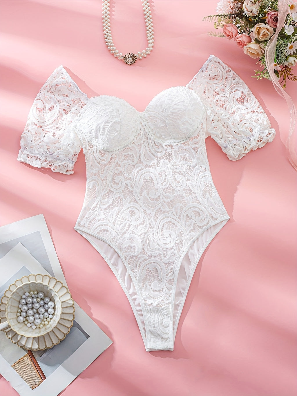 Floral Lace Teddy Bodysuit with Hollow-Out Design