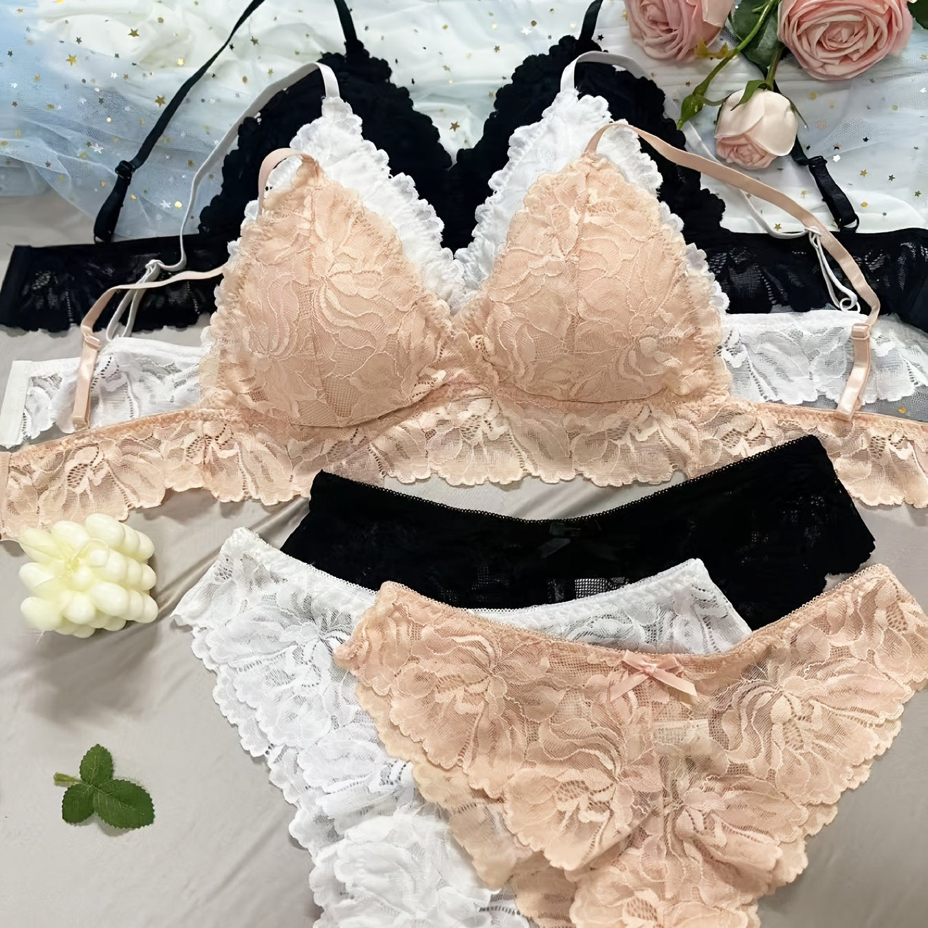 Lace Underwire Full-Bust Lace Bra & High-Waisted Panties Set {3pcs}