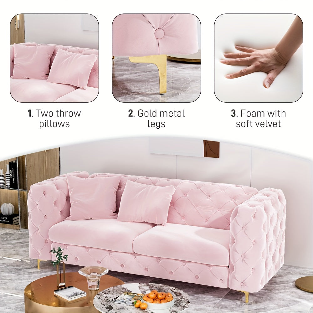 Mid-Century Modern Pink Velvet Tufted Button Sofa with Plush Cushions & Golden Metal Legs