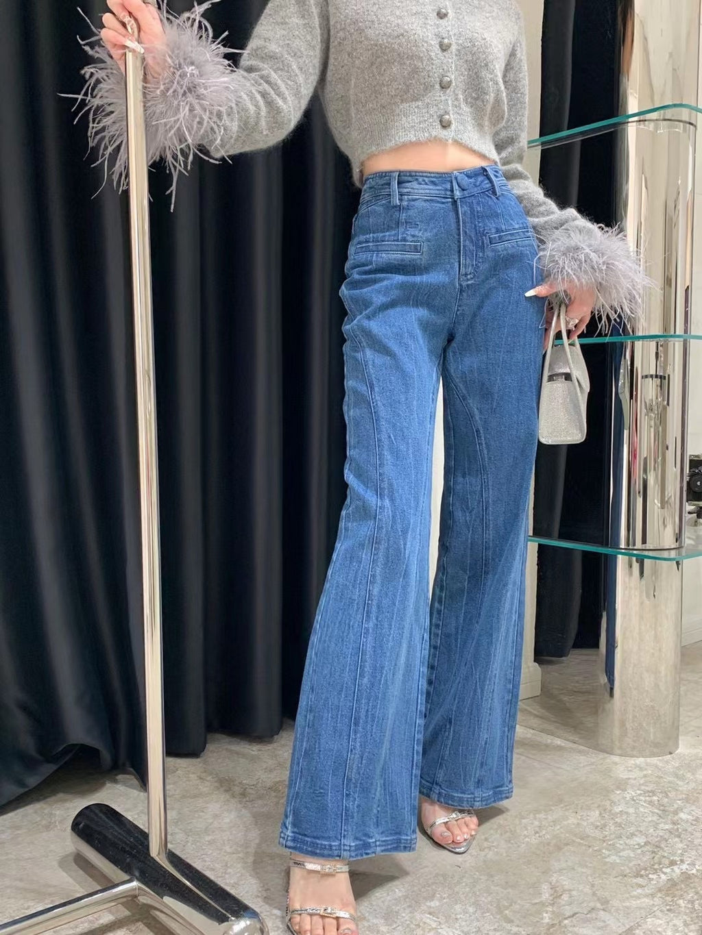 High-Waisted Wide-Leg Distressed Bow-Accent Denim Jeans