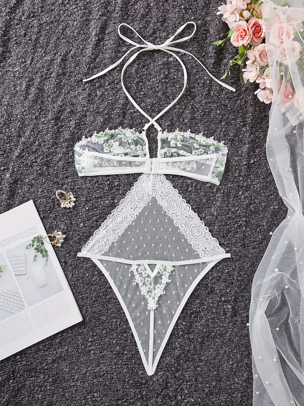 Lace and Mesh Embroidered Bodysuit with Ribbon Necktie
