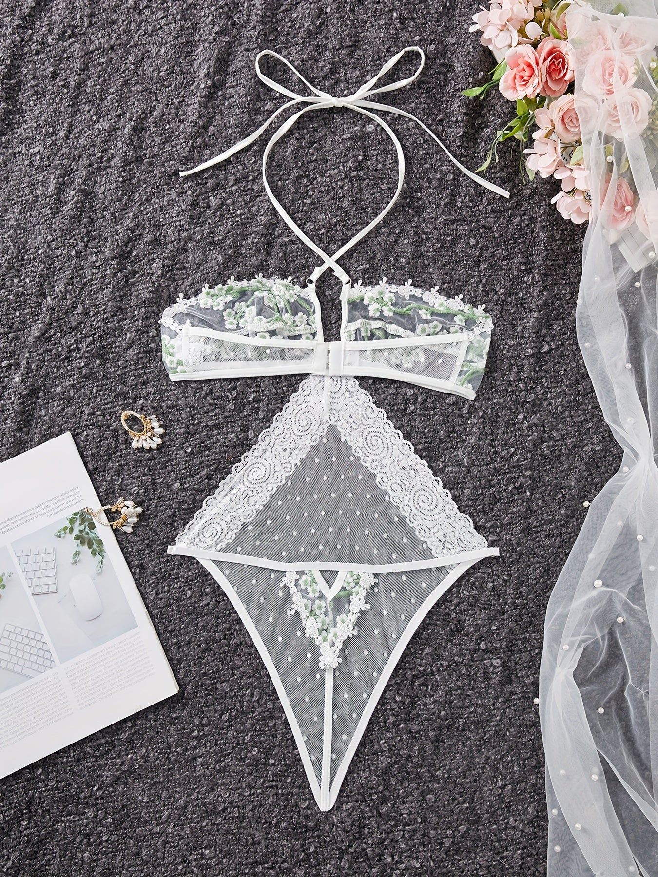 Lace and Mesh Embroidered Bodysuit with Ribbon Necktie