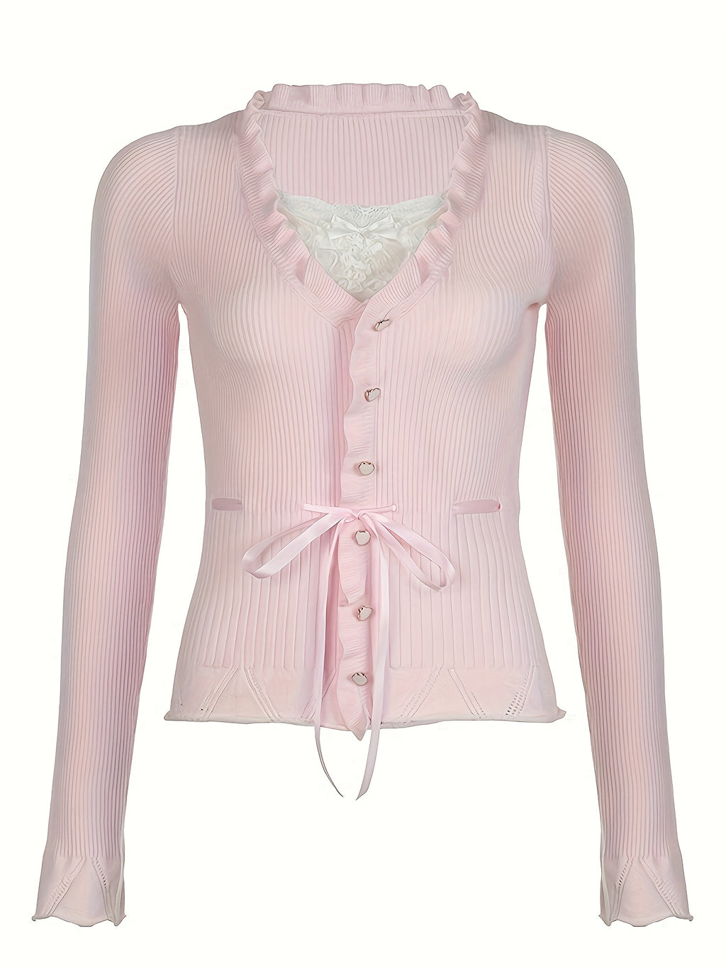 V-Neck Top with Contrast Lace Trim & Bow Detail