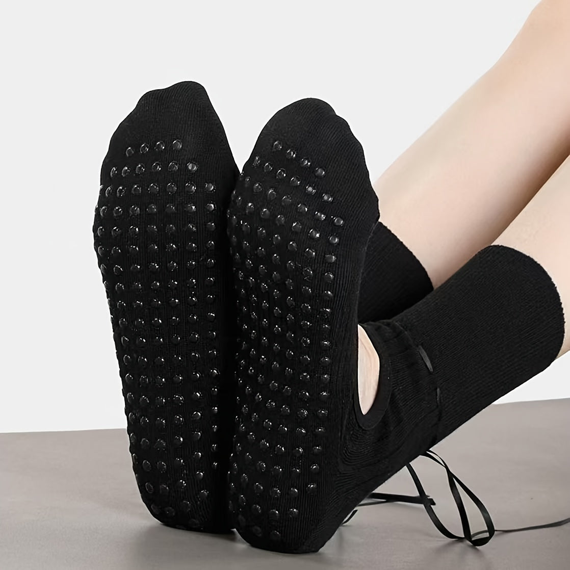 Non-Slip Mid-Calf Socks with Adjustable Strap & Bow Ribbon